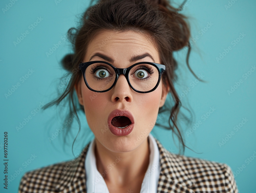 Female is looking at the camera with a shocked look on her face. Funny, Bright, Lighthearted. Female is looking at the camera with a shocked look on her face. Funny, Bright, Lighthearted.