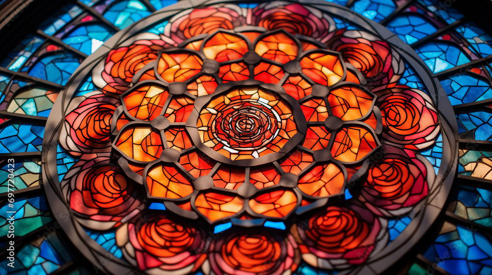 a stained glass window with a pattern of red roses and a contrasting border of blue and green glass pieces. a stained glass window with a pattern of red roses and a contrasting border of blue and green glass pieces.