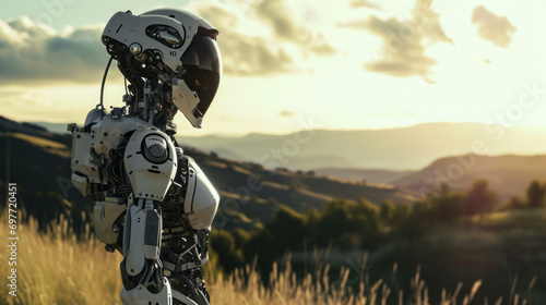 Cyborg  robot in italian countryside. Modern warfare concept for cyberwar. In the Tuscan sunset, a cyborg figure gazes across the fields, blending future with the pastoral landscape.