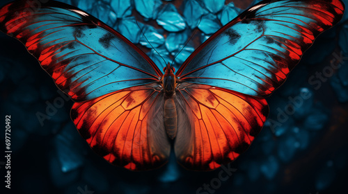 a striking butterfly with its wings fully spread  exhibiting a vivid mix of red and blue colors against a dark backdrop with blue foliage.