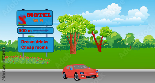 Vector illustration with a car passing a billboard with information about a motel. And a beautiful view of countryside.