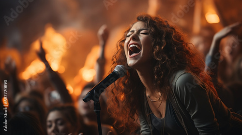 Metal artist, rock singer performing at the outdoor musical show stage middle of the audience with people and fire lighting around 