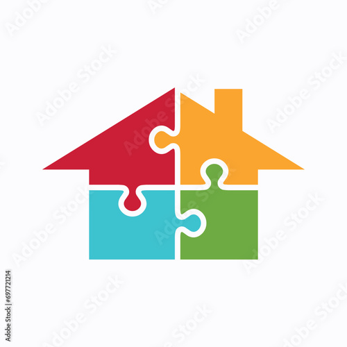 Integrated Housing Solution Logo - Colorful Puzzle Pieces Forming a House, Symbolizing Community, Unity, and Diversity in Residential Living
