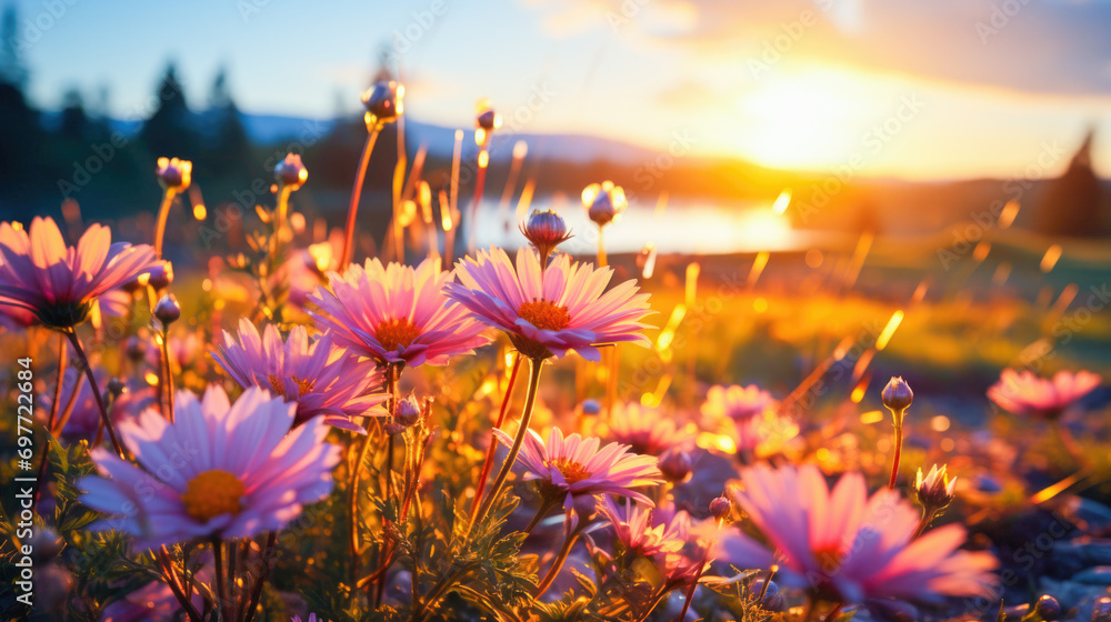 Field Of Blossoming Wildflowers In The Sunset In Spring