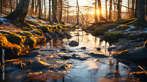  Golden Sunset over Spring Stream With Budding Trees Along the Banks with Melting Snow, Forest Creek