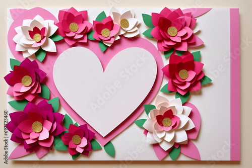 Heart shaped frame made of red and white roses on a pink background © Евгений Порохин