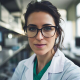 Beautiful young woman scientist wearing white coat and glasses in modern Medical Science Laboratory 