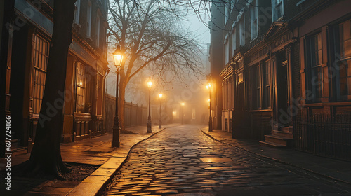 lantern lit foggy london or european street  photo