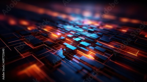cyberspace, technology, datum, digital, communication, design, network, computer, future, futuristic. image of digital, wall with many pieces of blue and red light. 3D rendering illustration via ai. photo