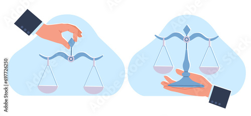 Businessman hand holds scales. Libra measuring device with empty plates in balance. Justice symbol. compare weight and importance. Cartoon flat style isolated illustration. Vector law concept