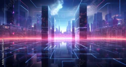 ai  network  technology  artificial intelligence  energy  innovation  future  digital  link  tech. abstract futuristic cityscape with towering skyscrapers and neon lights in the night sky  via AI gen.
