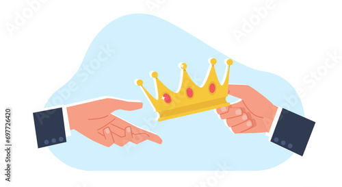 Businessman holds out crown to another businessman. Leadership symbol. Employee achieving goal. successful manager. Victory in competition. Cartoon flat style isolated vector concept