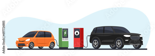 Comparison of electric car with gasoline car. Vehicle charging station. Fossil automobile refueling petrol. Green transport. Automotive technology and eco energy. cartoon flat vector concept
