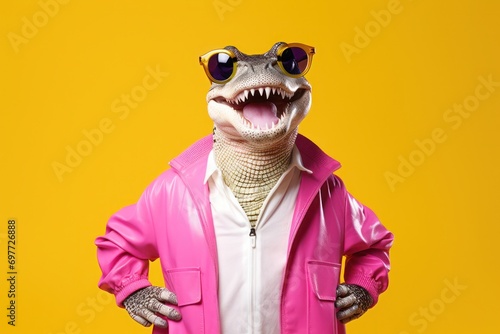 A sartorial alligator character sports a flamboyant pink jacket and stylish glasses, striking a pose that melds wildlife with urban chic, set against a zesty orange backdrop 
