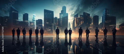 ai, network, technology, artificial intelligence, energy, innovation, future, digital, link, tech. silhouette image of the group businessman stand in front cityscape with frog and neon light.