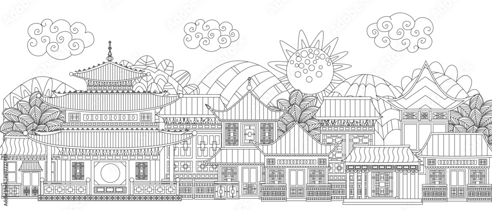 coloring book page for adults and children. sunny Chinese town w