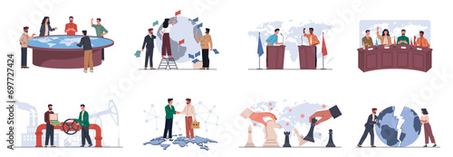 Geopolitics people. Global politics, negotiations, meetings, presidential candidates debates, election and governance, male and female politics, cartoon flat illustration. Nowaday vector set photo