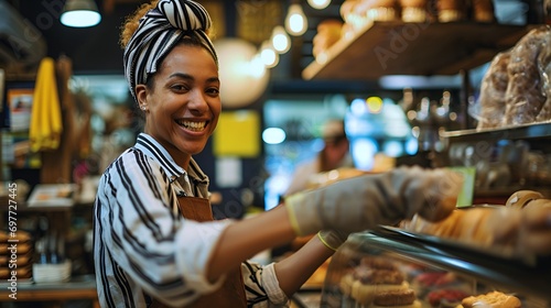 Fotografia Smiling Female Baker Serving Customer in Retail Shop