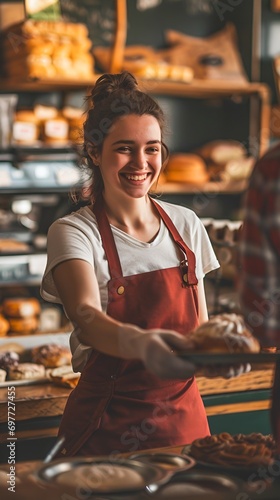 Smiling Female Baker Serving Customer in Retail Shop