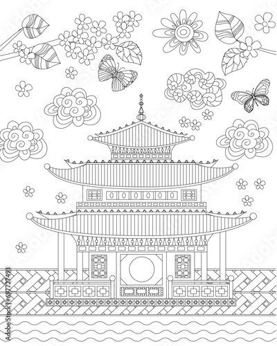coloring book page for adults and children. spring landscape wit