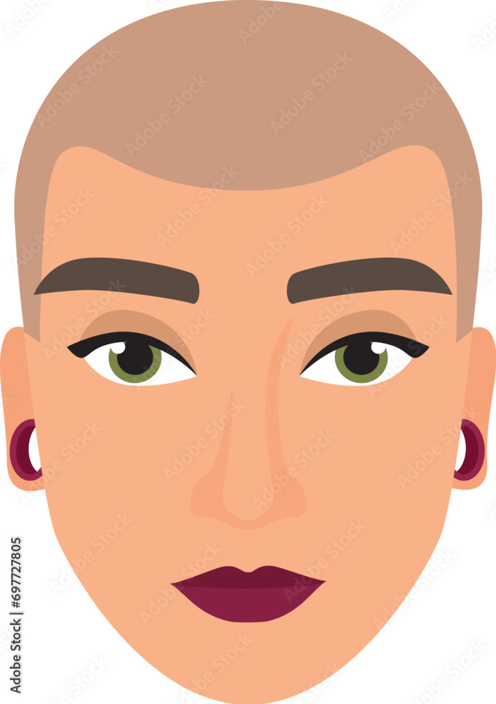 Woman head with bald hairstyle. Female face with cool hairdress cartoon vector illustration