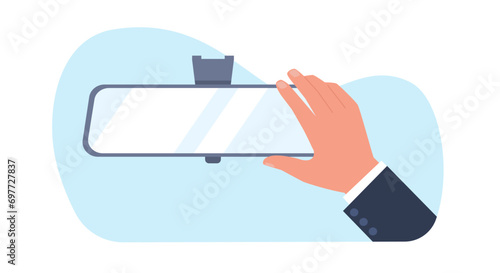 Hand corrects rearview mirror for better view. Automobile glass frame on windshield. Arm hold auto accessory. Vehicle back control, reflection, cartoon flat style isolated vector concept