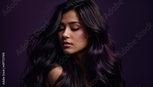 Ethereal Beauty Profile with Radiant Flowing Dark Hair in purple background