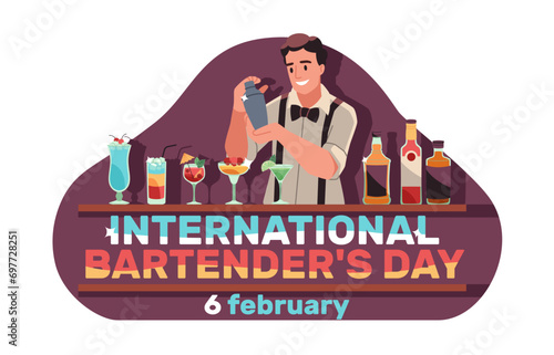 International Bartender Day, February 6. Man mixing alcoholic drinks using shaker, shots and tropical long drinks with straws. Whiskey and liquor in bottle cartoon flat style vector concept