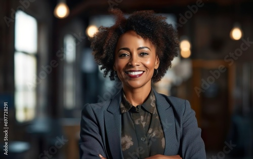 Middle age black businesswoman posing smiling in the modern office, smart casual. AI Generative.