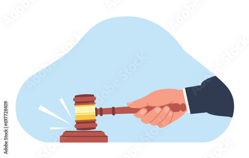 Judges hand holding gavel to pronounce verdict. Human arm with wood hammer, justice system giving sentences for criminal acts. Symbol of law. Cartoon flat style isolated vector concept