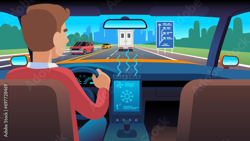 Male driver turns on cars auto air conditioner. Man sitting in automobile back view, cold or warm air waves, climate control in transport, electrical equipment. Cartoon flat vector concept