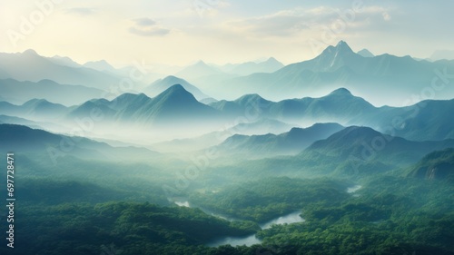 A tranquil morning with layers of mountains veiled in mist, showcasing the serene beauty of untouched nature..