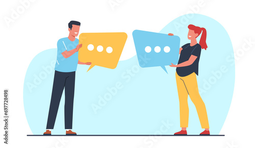 Man and woman engage in dialog, exchanging information. Speech bubble in hands. Message symbol or comment in social media. Chatting people. Cartoon flat style isolated vector concept