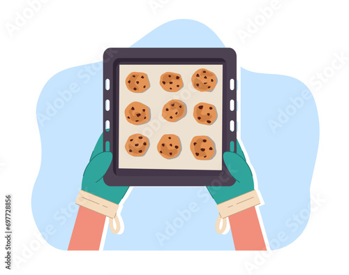 Mittened hands hold oven tray with finished cookies. Hand made sweet pastry. Cooking at home kitchen. oatmeal cookie with chocolate. Homemade bakery. Cartoon flat isolated vector concept
