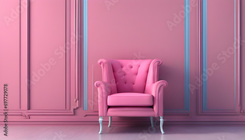 simple pink armchair in the blue background