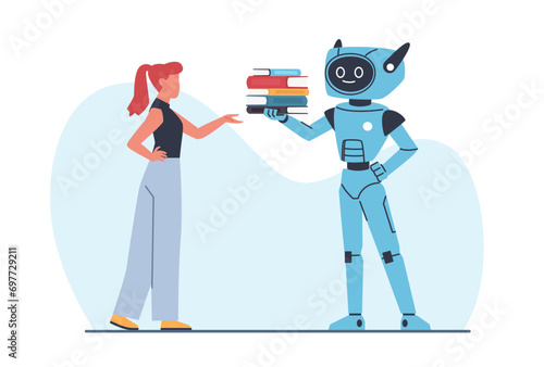 Robot holds out stack of books to girl. Artificial intelligence chooses literature. Learning process. Education technology, automation algorithm cartoon flat isolated vector concept