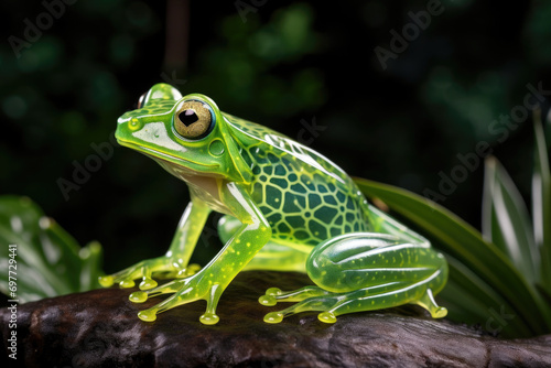 A Glass Frog, perched on a lush leaf in a tropical rainforest