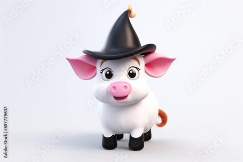 3D cartoon of a cute cow wearing a witch hat