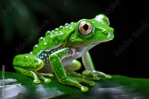 A Glass Frog, perched on a lush leaf in a tropical rainforest