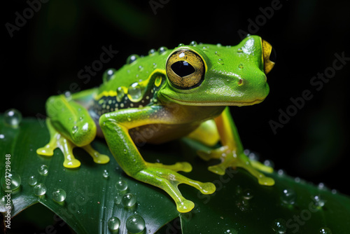 A Glass Frog, perched on a lush leaf in a tropical rainforest