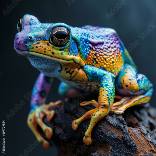 rainbow colored frog sitting on a log