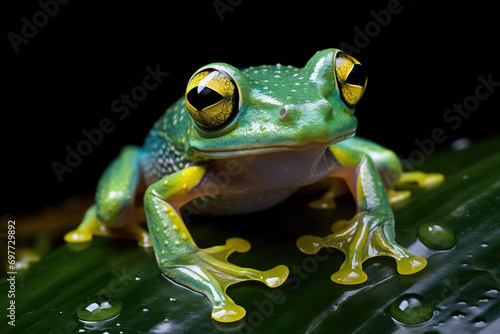 A Glass Frog, perched on a lush leaf in a tropical rainforest © Veniamin Kraskov