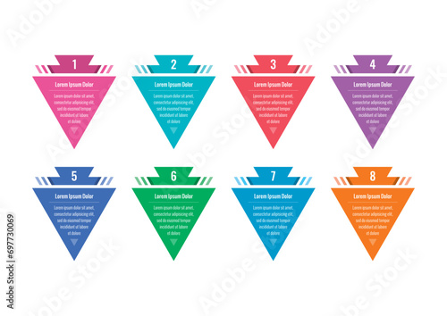 colorful triangles infographic template. eight options infographic template. business, web, magazine, annual report informational template. infographic for the world of science, education