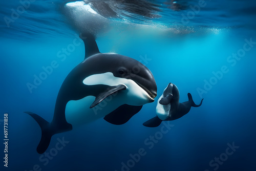 Killer Whale, orcinus orca. Neural network AI generated art photo