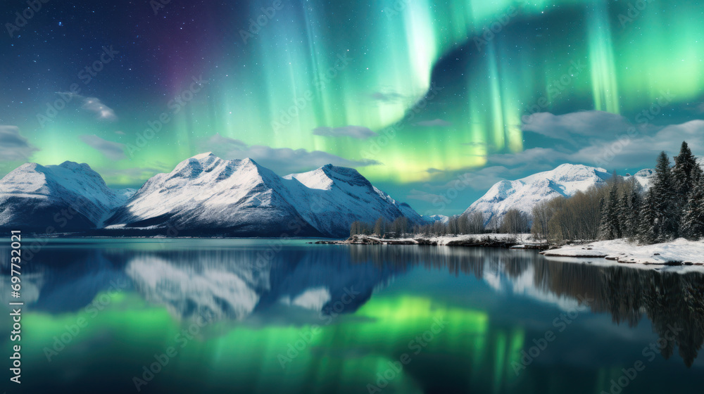 A serene lake reflecting the celestial charm of the Aurora Borealis