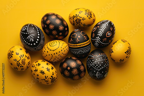 Bright colorful Easter eggs on a yellow background. Easter stylish minimal composition.