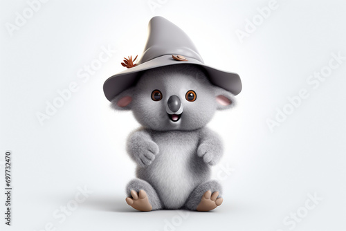 3D cartoon of a cute koala wearing a wizard hat