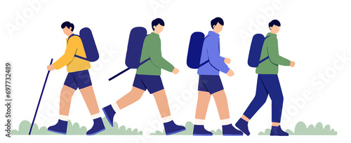 Group of friends travel together outdoors and having fun,flat illustration