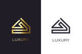 Modern Luxury Real Estate Logo - A Sleek, Geometric House Outline in Gold and Monochrome Variants, Conveying Elegance and Exclusivity