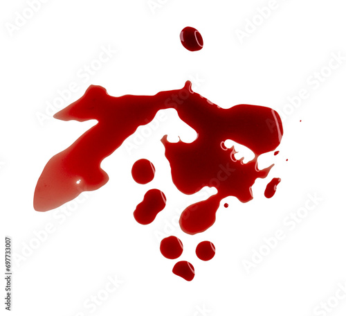 Real human blood isolated on white. Red bloody abstract stains and smear, clipping path, PNG.